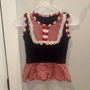 EUC Girls Size 8 Patriotic Red White Navy Gingham Peplum Tank Top with Lace Trim